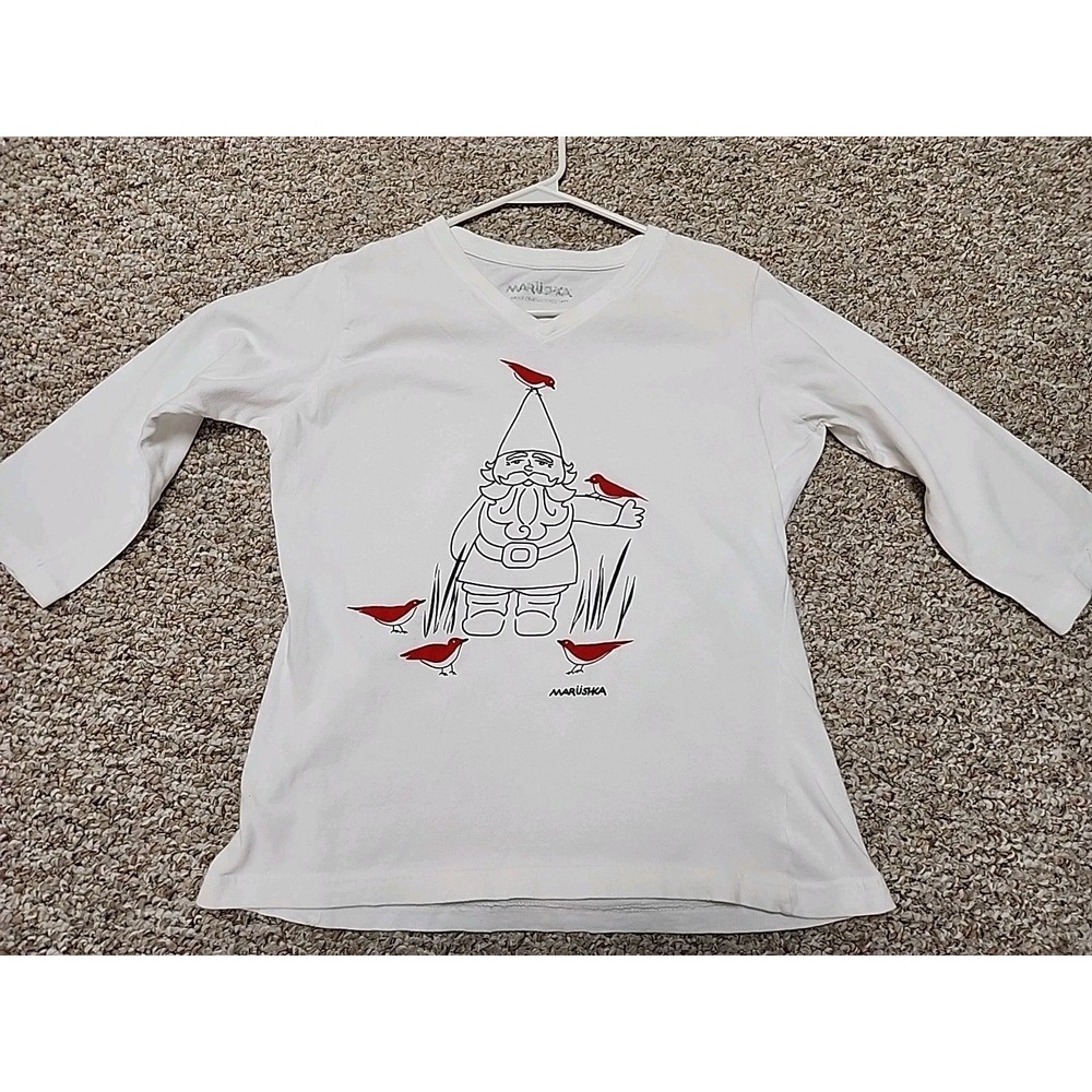 Marushka Gnome Birds Graphic Tee White V-Neck 3/4‎ Sleeve Hand Painted Medium